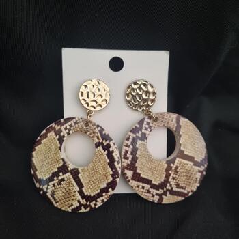 Gold-Tone Hammered Stud & Snakeskin Print Wooden Hoop Drop Earrings