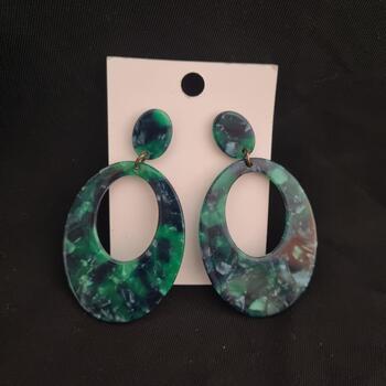 Marbled Green & Navy Acrylic Oval Hoop Drop Earrings