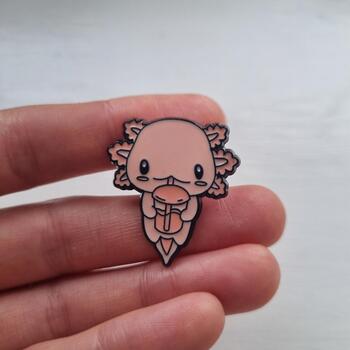 Cute Axolotl with Bubble Tea Enamel Pin Badge – Adorable Creature Badge