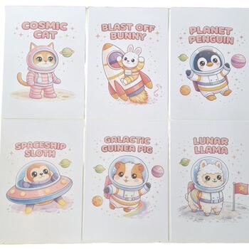 Cute Space Animals Set of 6 A4 Art Prints on 300gsm Card Cosmic Cat Bunny & More