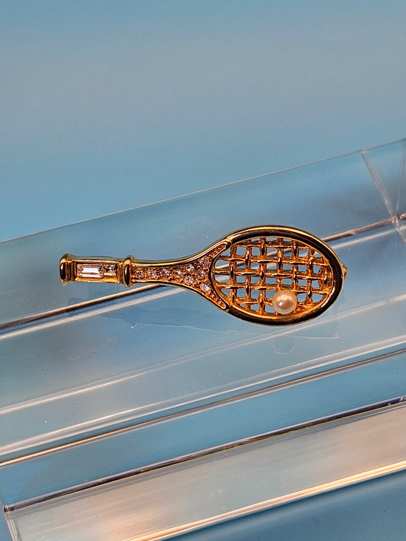 Vintage CIRO Signed Gold Plated Tennis Racket Brooch Pin Faux Pearl Crystal 80s