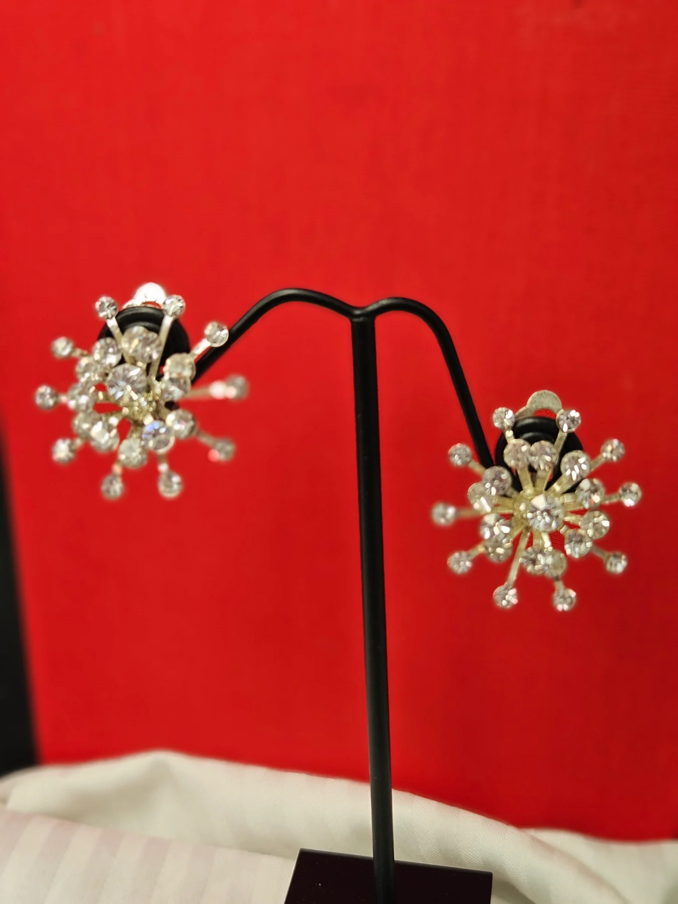 Vintage Mid-Century Silver-Plated Atomic Starburst Clip-On Earrings
