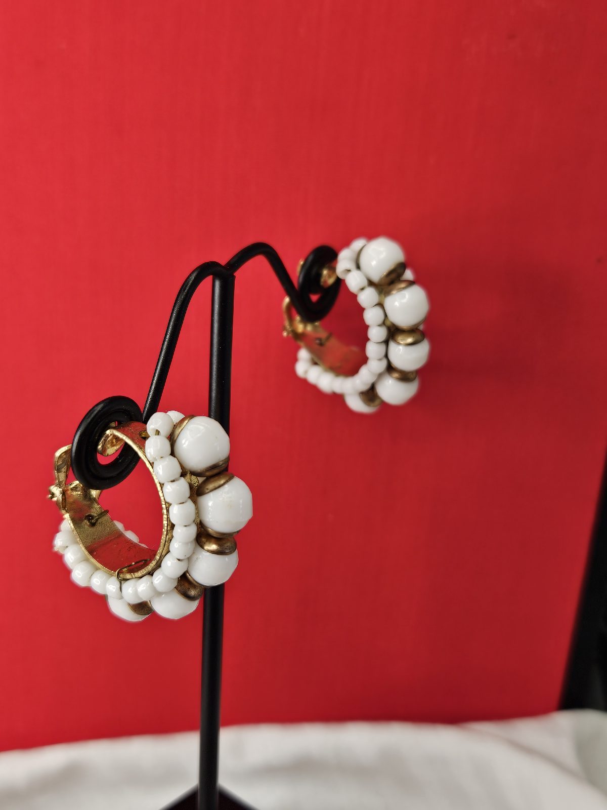 Vintage 1950/60s White Glass Seed Bead & Gold-Tone Cluster Hoop Clip-On Earrings
