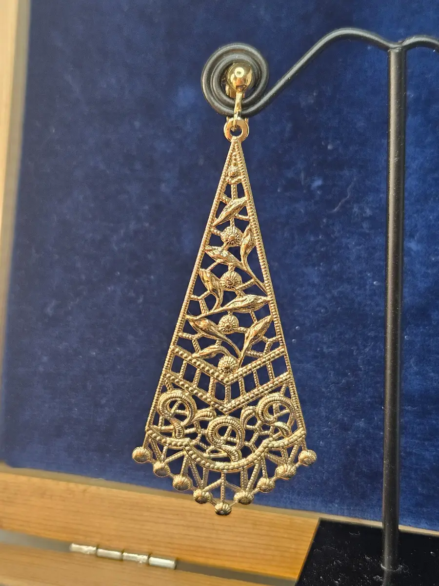 Vintage 1980's Art Nouveau Revival Style Gold Plated Filligree Clip On Earrings