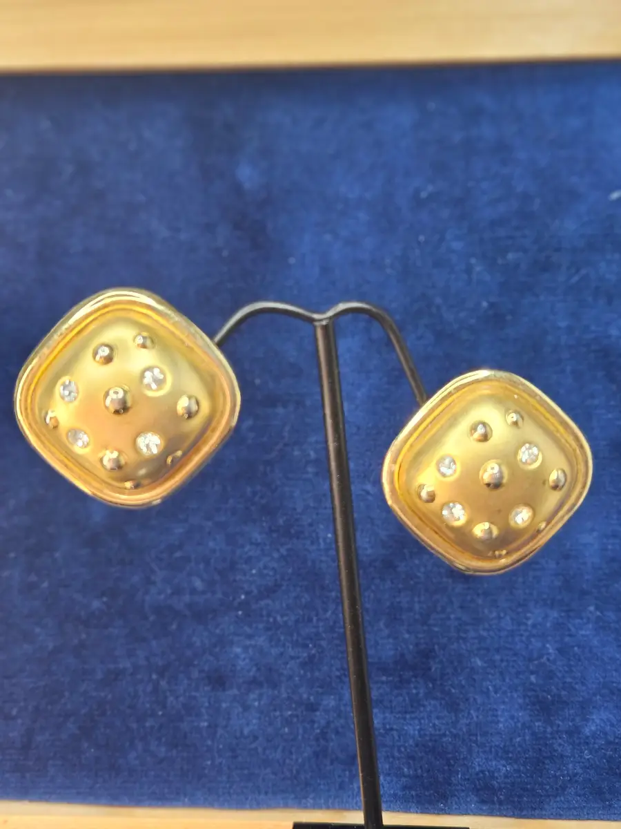 Vintage 1980's Gold Tone Dome Clip On Earrings Scattered Crystal Statement
