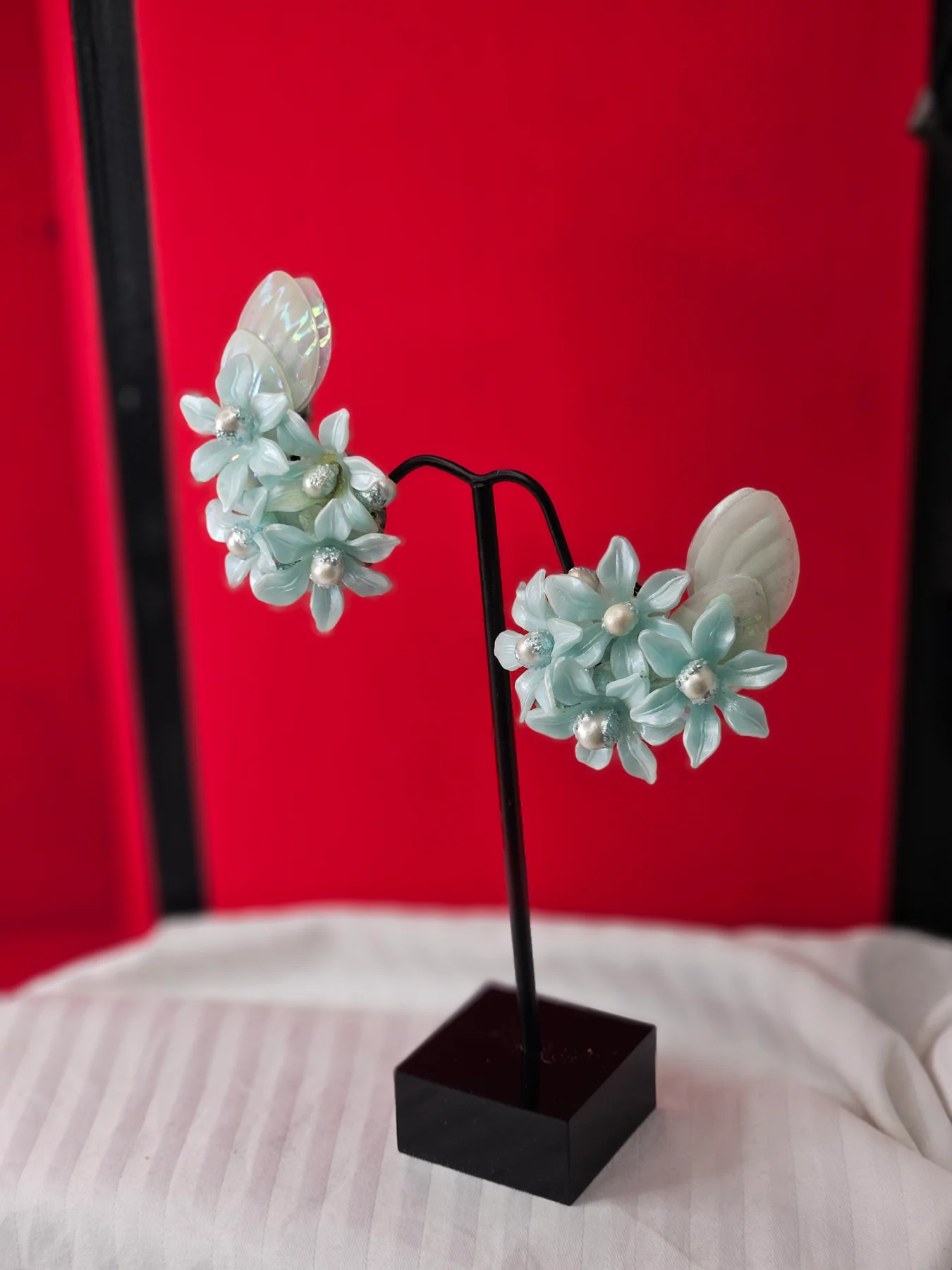 Vintage West Germany Blue Lucite Flower Cluster Clip On Earrings Mid Century MCM