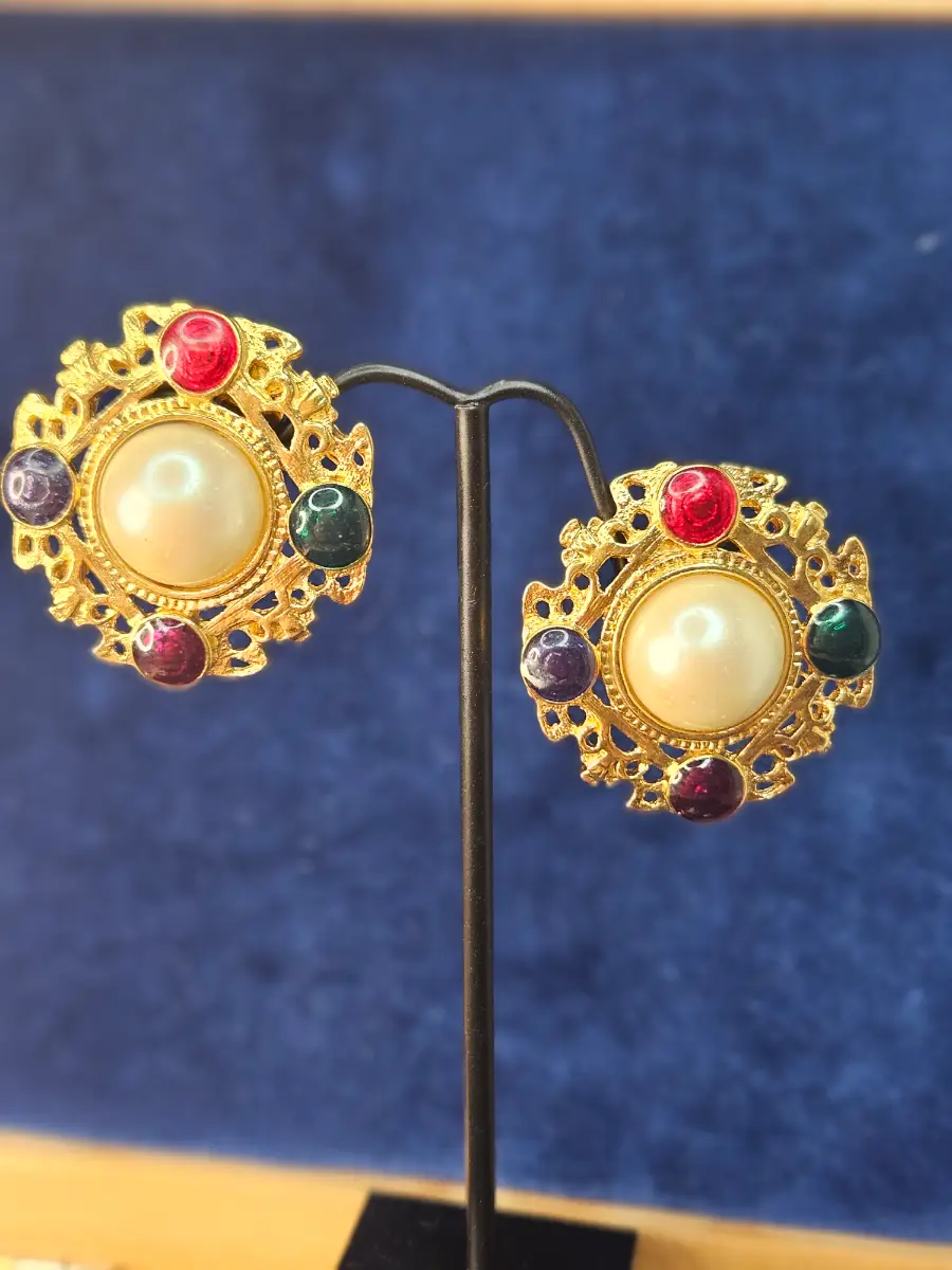 Vintage 1980's Renaissance Revival Style Gold Tone Filligree Clip-On Earrings