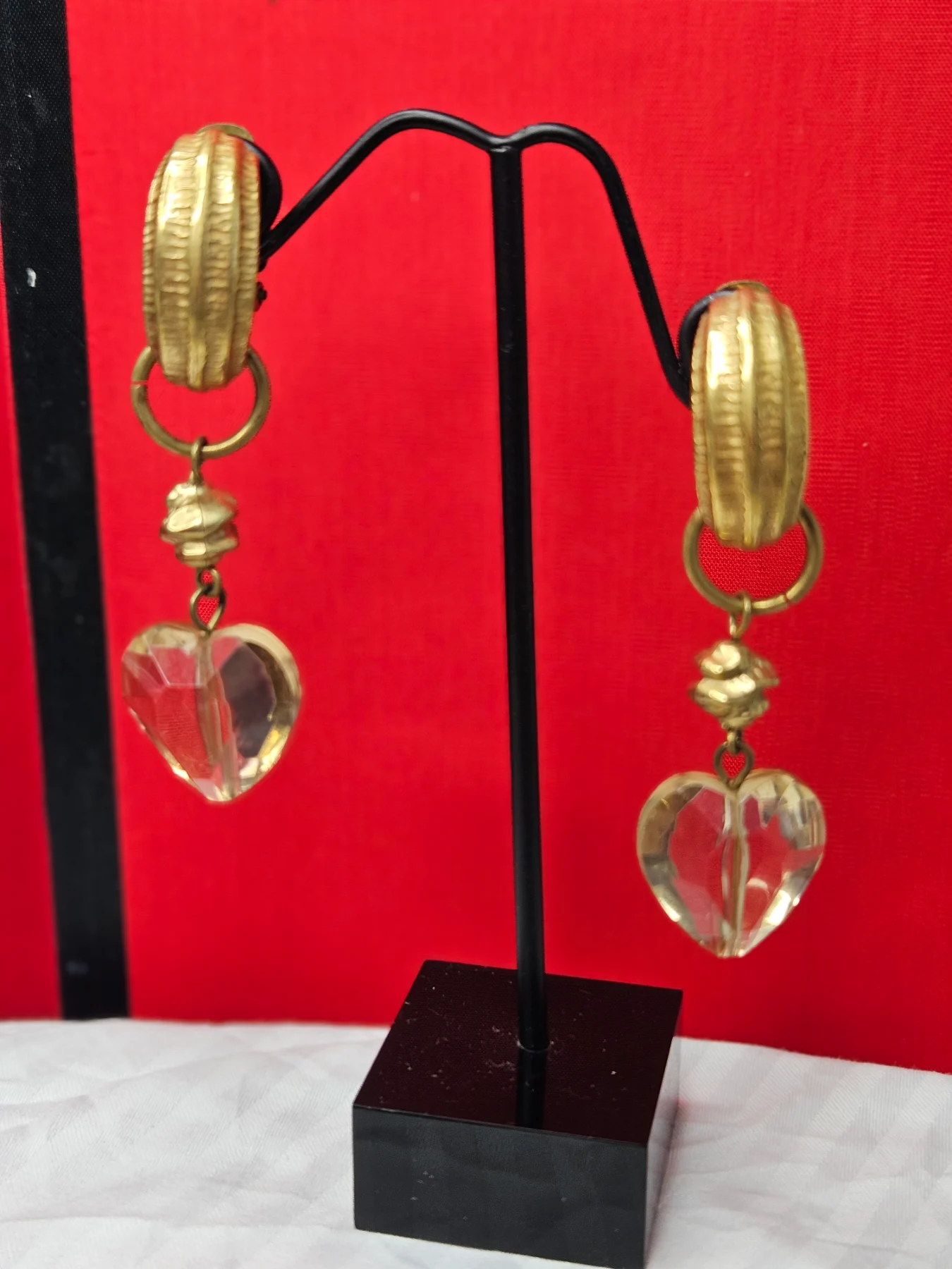 Vintage 1950s West German Clip On Dangle Earrings Amber Lucite Heart Gold Tone