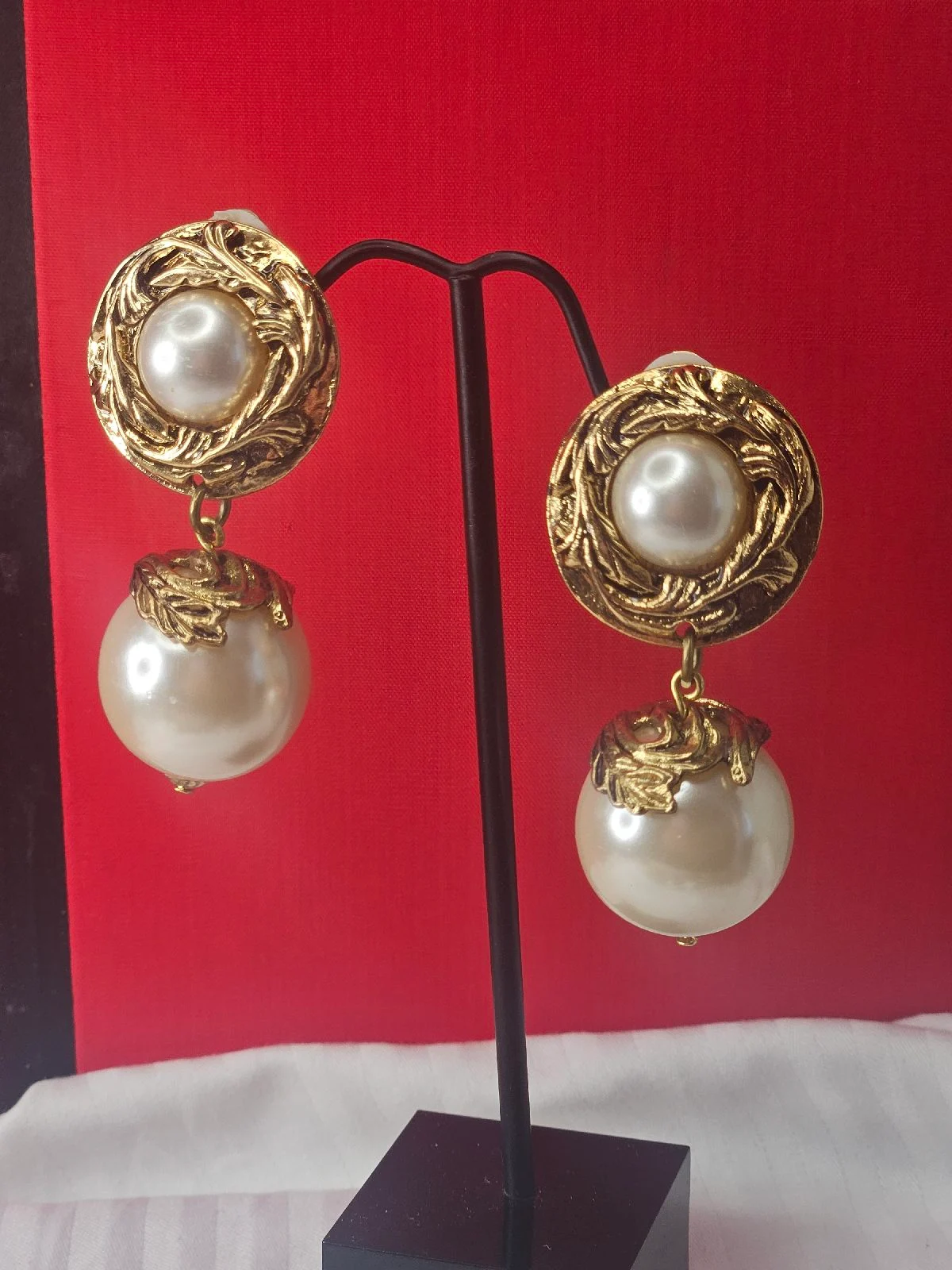 Vintage 1980s Statement Clip On Earrings Gold Plated Faux Pearl Drop Ornate