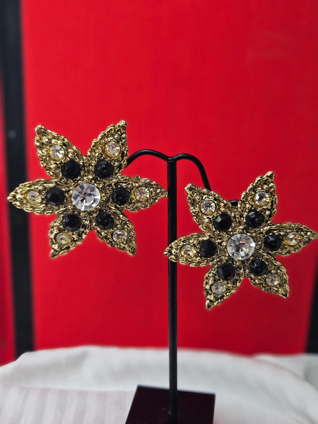 Vintage 80's DMJ Gold Starburst Clip-On Statement Earrings–Black & Clear Swarovski Crystal Rhineston