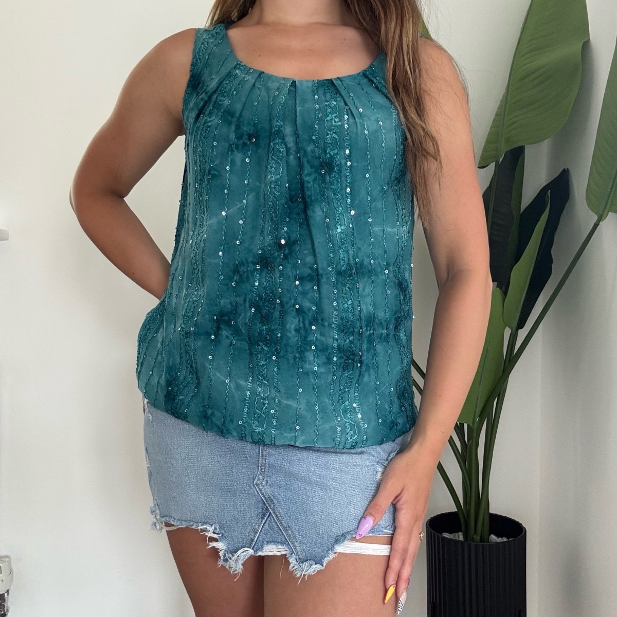 Vintage Dress Barn turquoise sparkly puffball cami top size 8