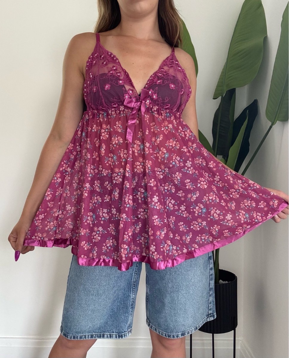 Vintage Purple Floral Mesh Babydoll Cami Top Y2K Coquette UK M size 12