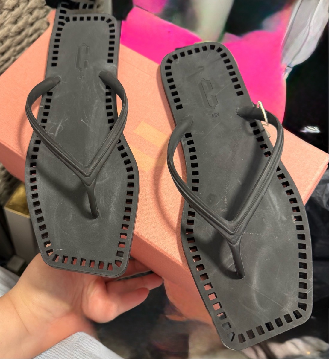 C ray black flip flops