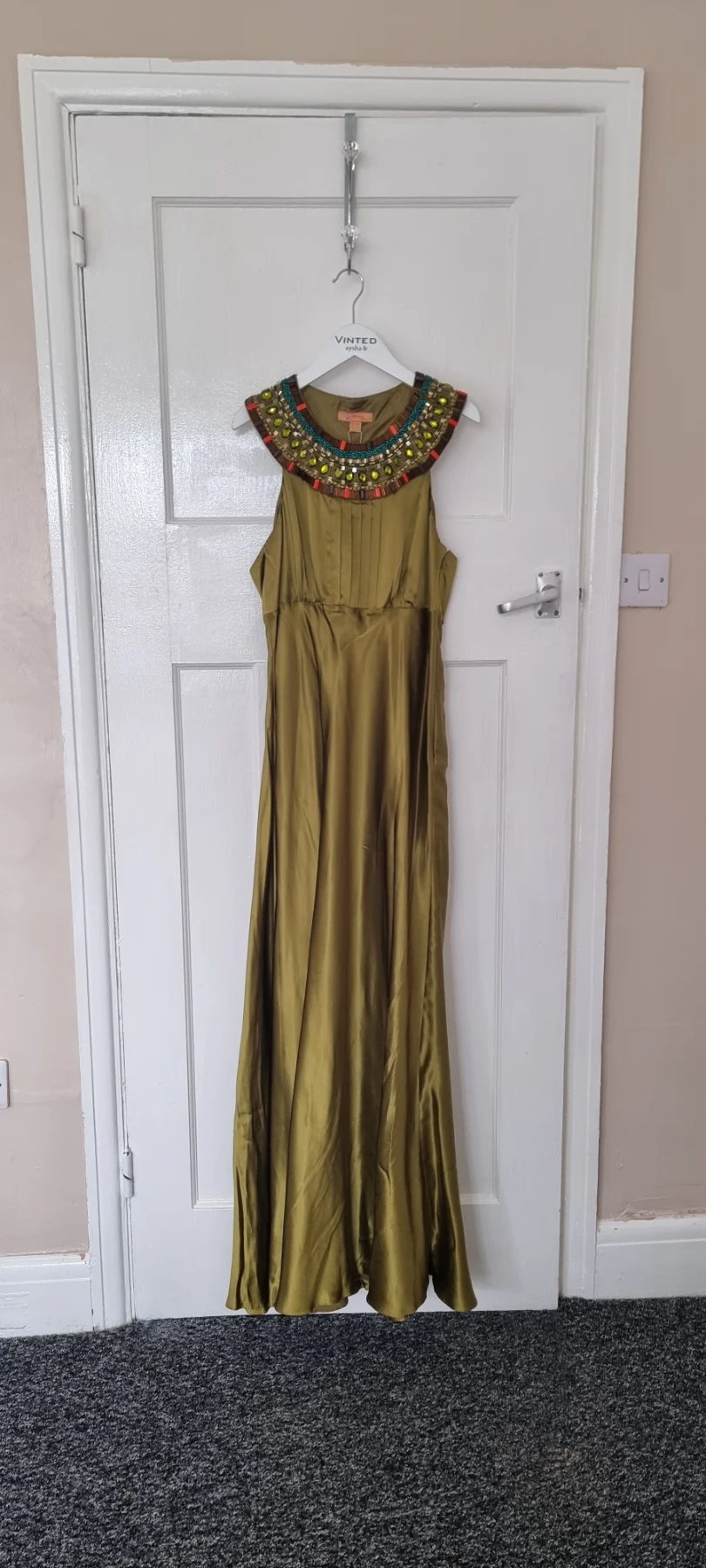 8 Monsoon Vintage Olive Green Silk Maxi Dress