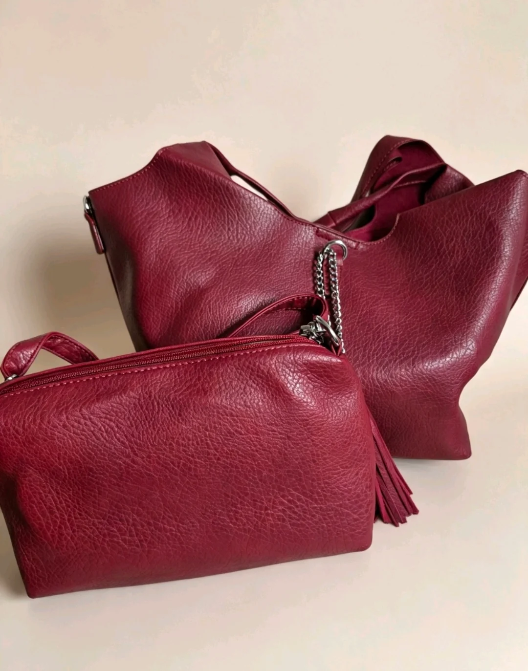 Faux leather handbag set – Burgundy Pebbled Finish
