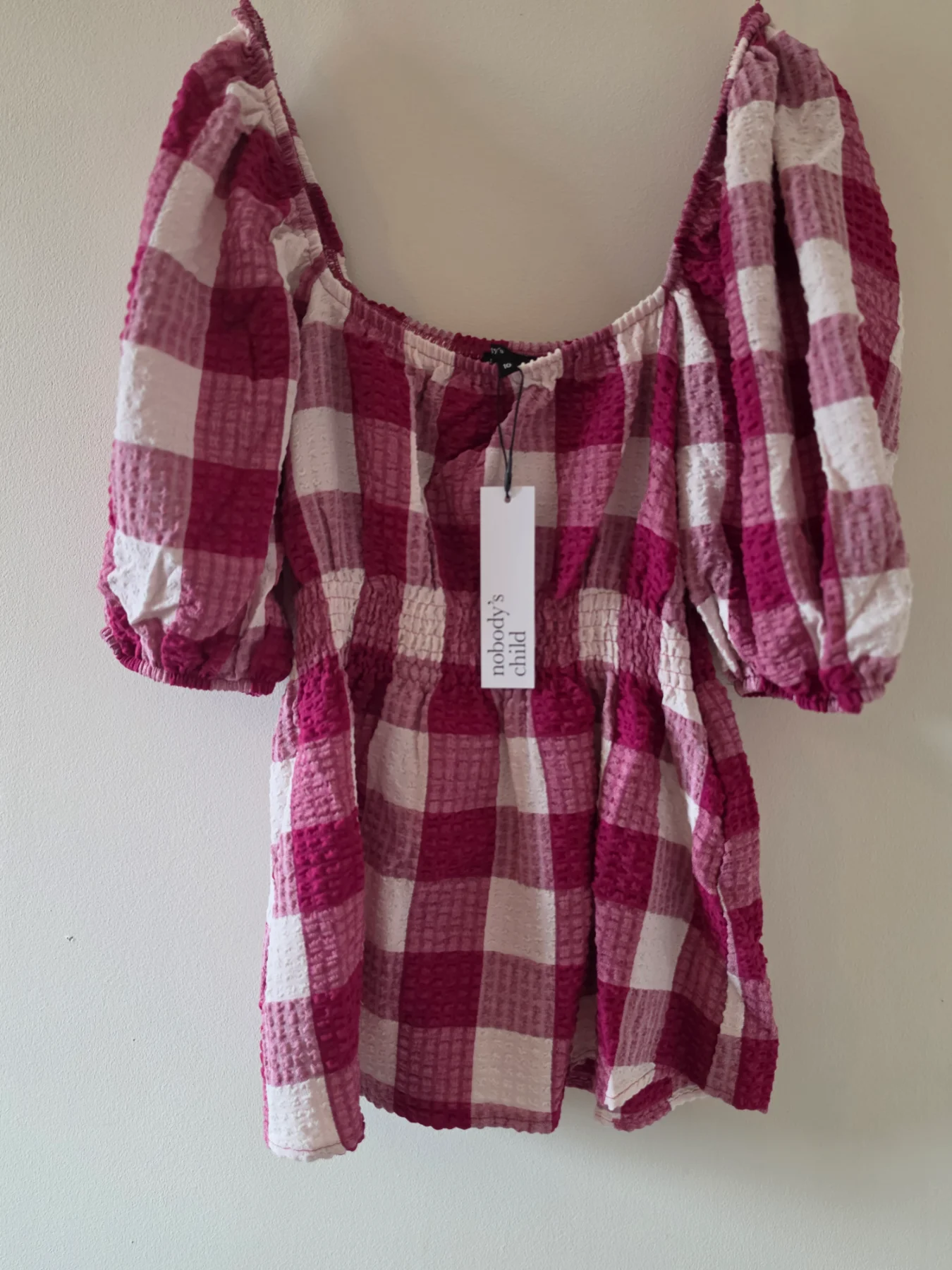 Nobody's child pink gingham puff sleeve peplum top – size 10 BNWT | rrp £55