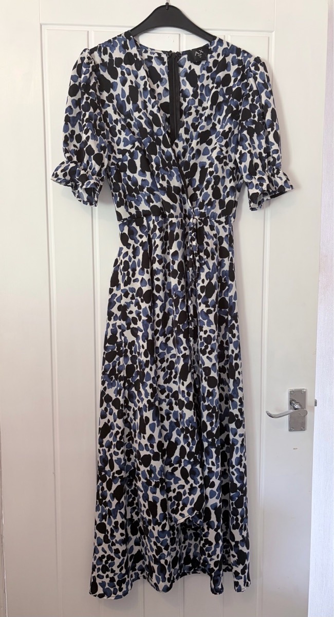 AX Paris Blue Abstract Brushstroke Puff Sleeve Wrap Midi Dress Size 10