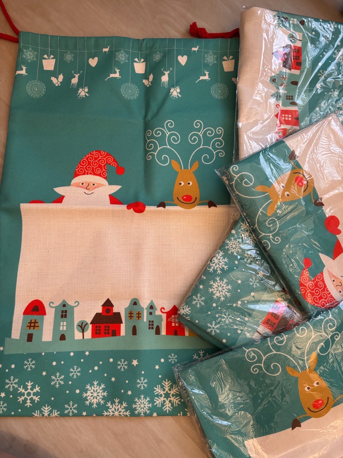 Pack of 5 x Large Pre-Printed Green Sublimation Santa Sacks