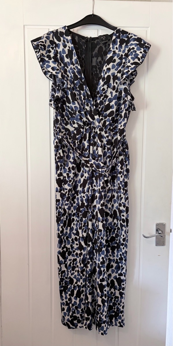 AX Paris Blue Animal Print Frill Front Jumpsuit – Wide Leg V-Neck Culotte Wrap Over Top