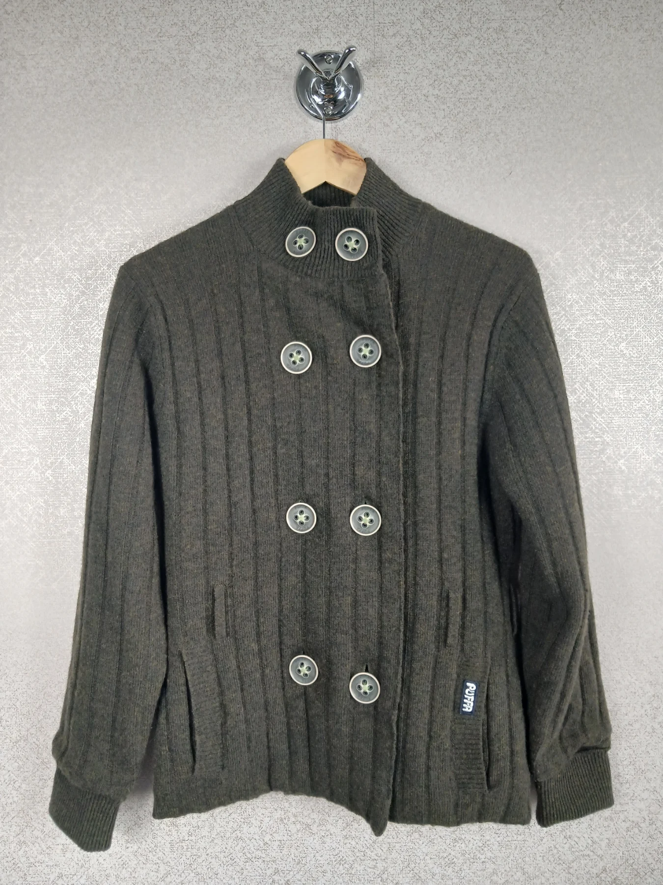 Puffa Vintage Womens Small Wool Silk Cardigan Peacoat Green Ribbed 2005 Y2K Knit