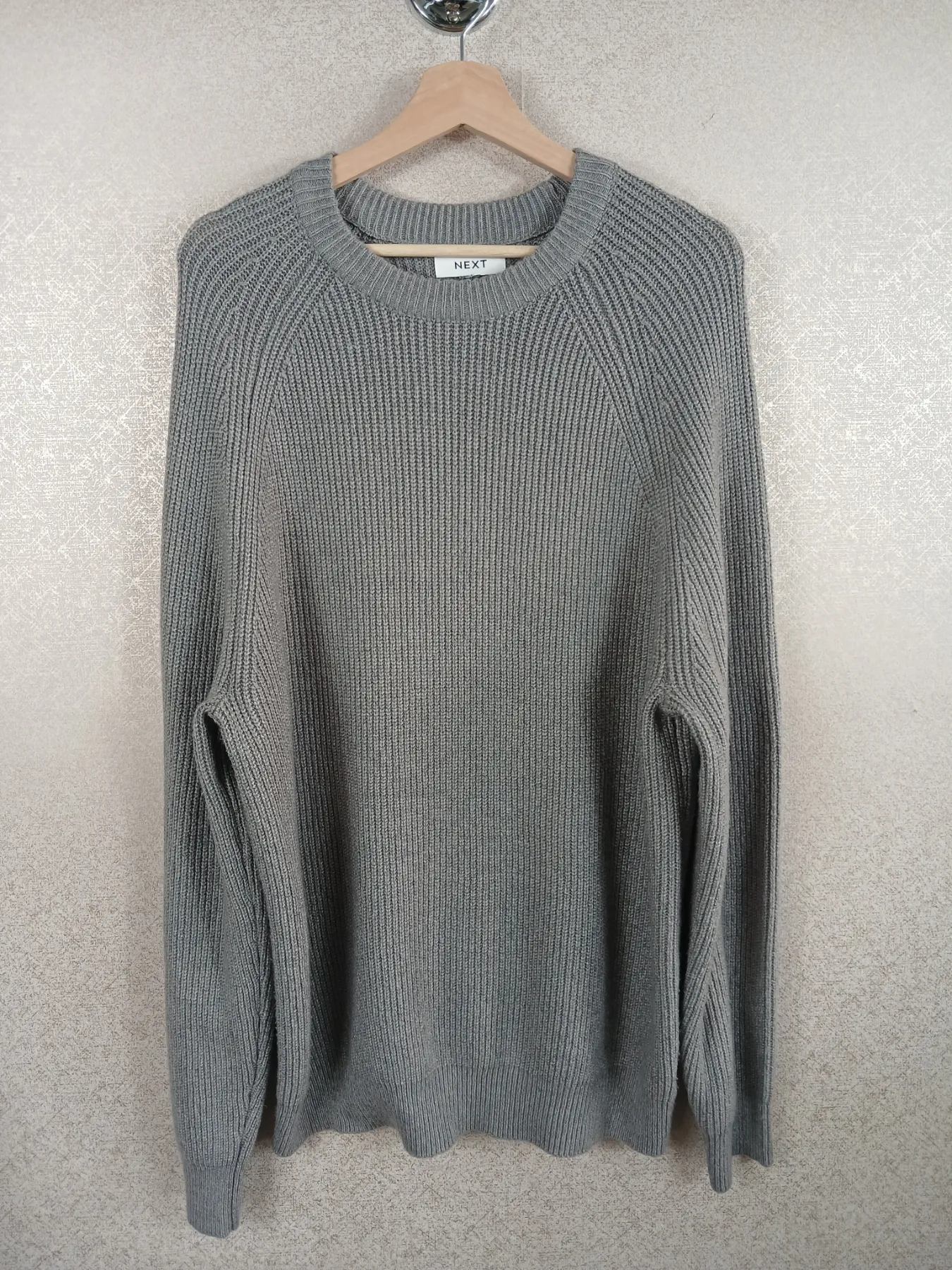Next Mens Grey Ribbed Knit Jumper XL Crew Neck Fisherman Sweater Extra Large VGC