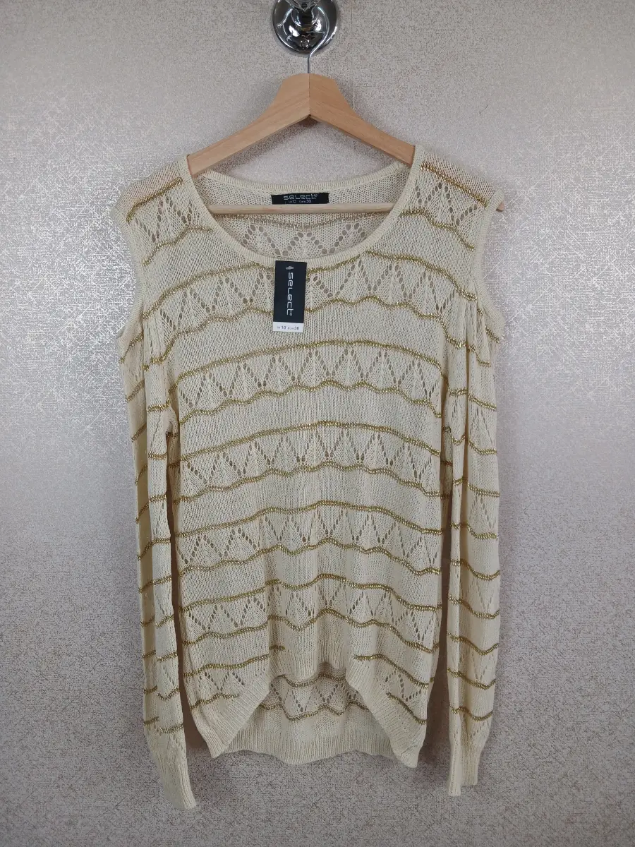 Select Cream Gold Striped Cold Shoulder Jumper Knit Pointelle Top Sweater UK 10