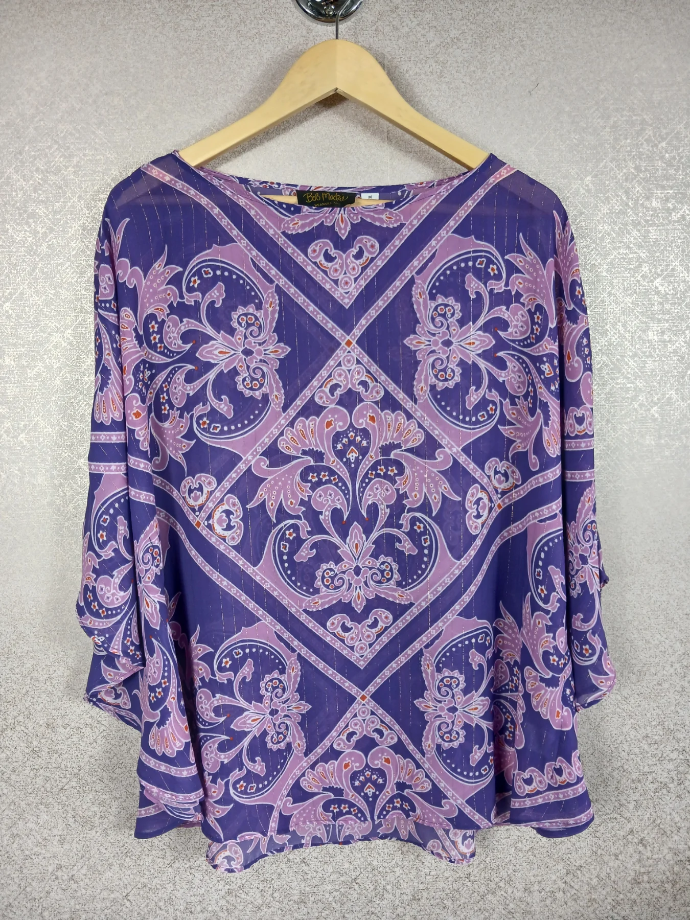 Bob Mackie Wearable Art Poncho Top M Purple Pink Damask Metallic Sheen Blouse