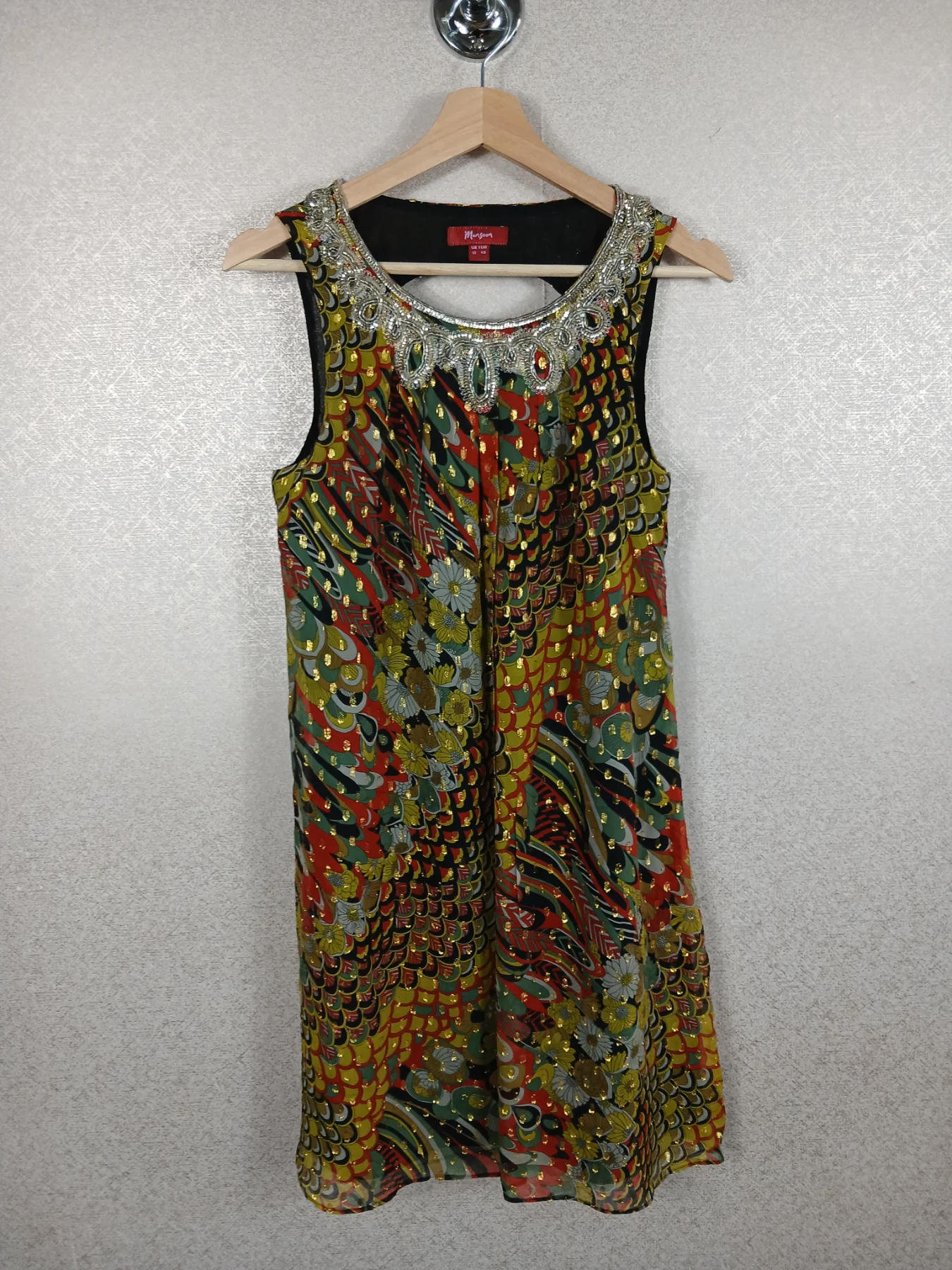 Monsoon Vintage Silk Peacock Dress 12 Multi Sequin Beaded Backless Party Y2K VGC