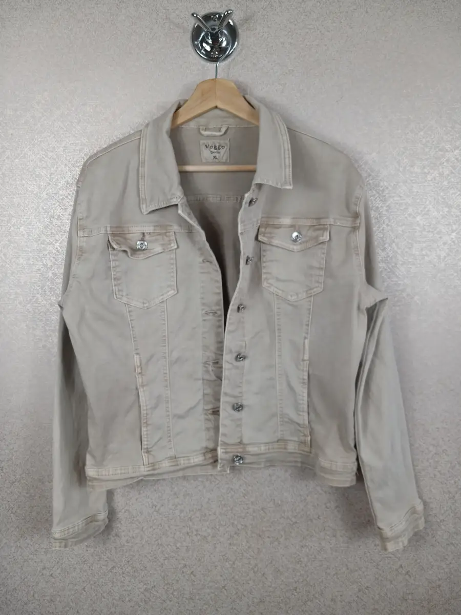 Voggo Women Stretch Denim Jacket Beige Ecru Trucker Jean Festival Coat Size XL