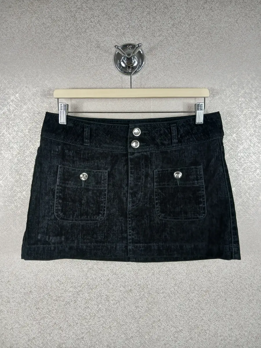 H&M Black Faux Suede Cord Y2K Mini Skirt Rhinestone Button Low Waist Eur 38 VGC