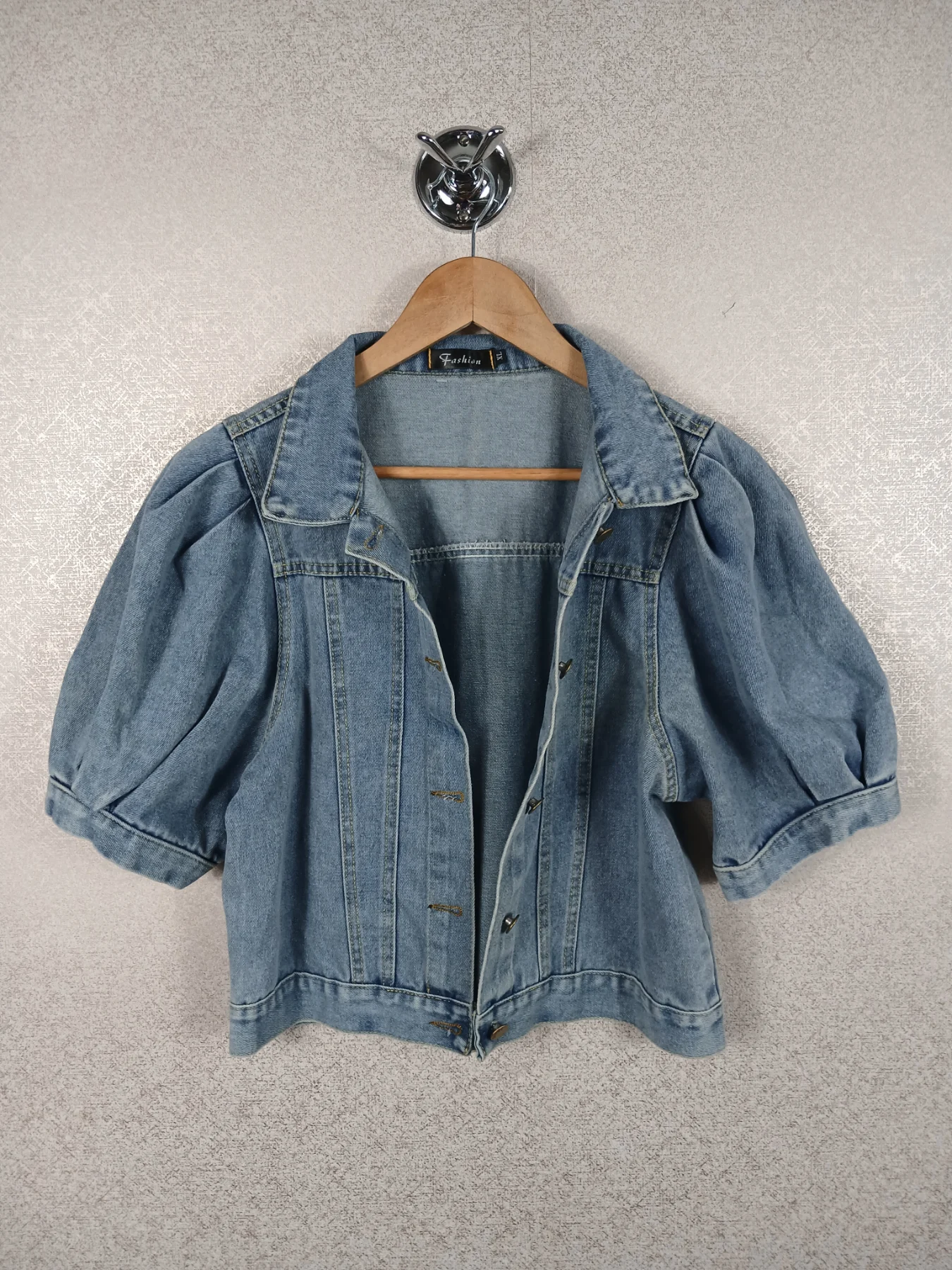 Womens Puff Sleeve Denim Jacket Cropped Shortsleeve Jean Light Wash XL Coat BNWT