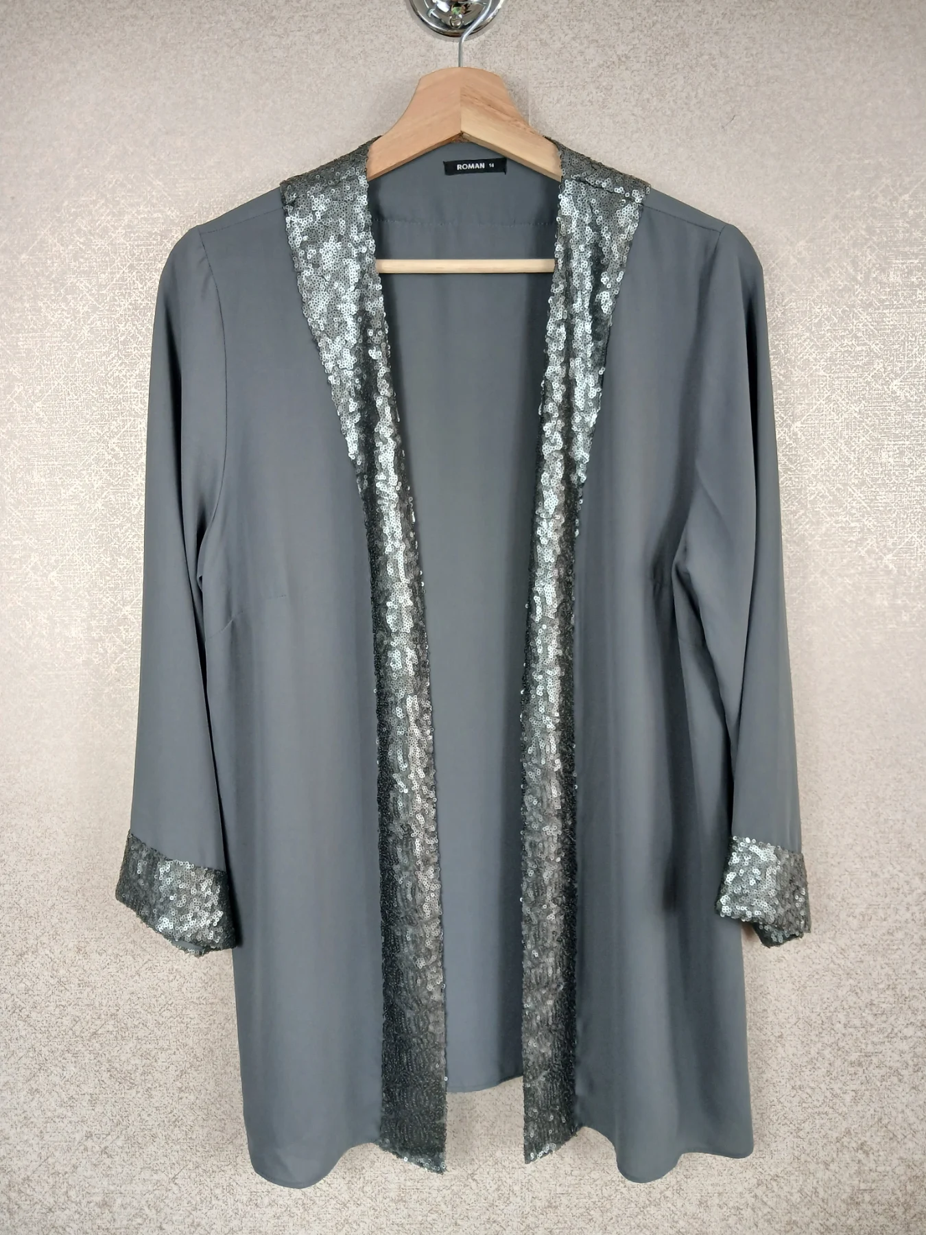 Roman Originals Grey Sequin Trim Shrug Cardigan Womens Size 14 Charcoal Evening