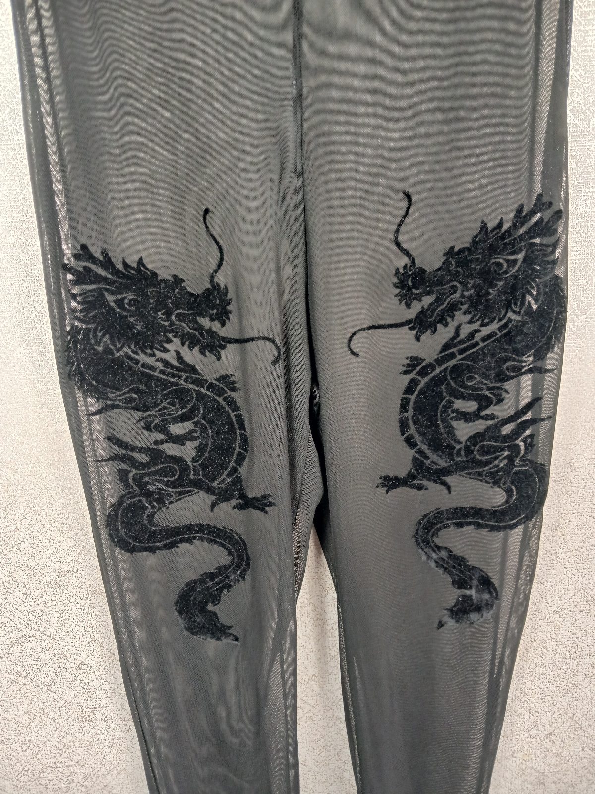 Black Mesh Dragon Leggings Sheer Flocked Gothic Festival Pants UK8 Small Evening