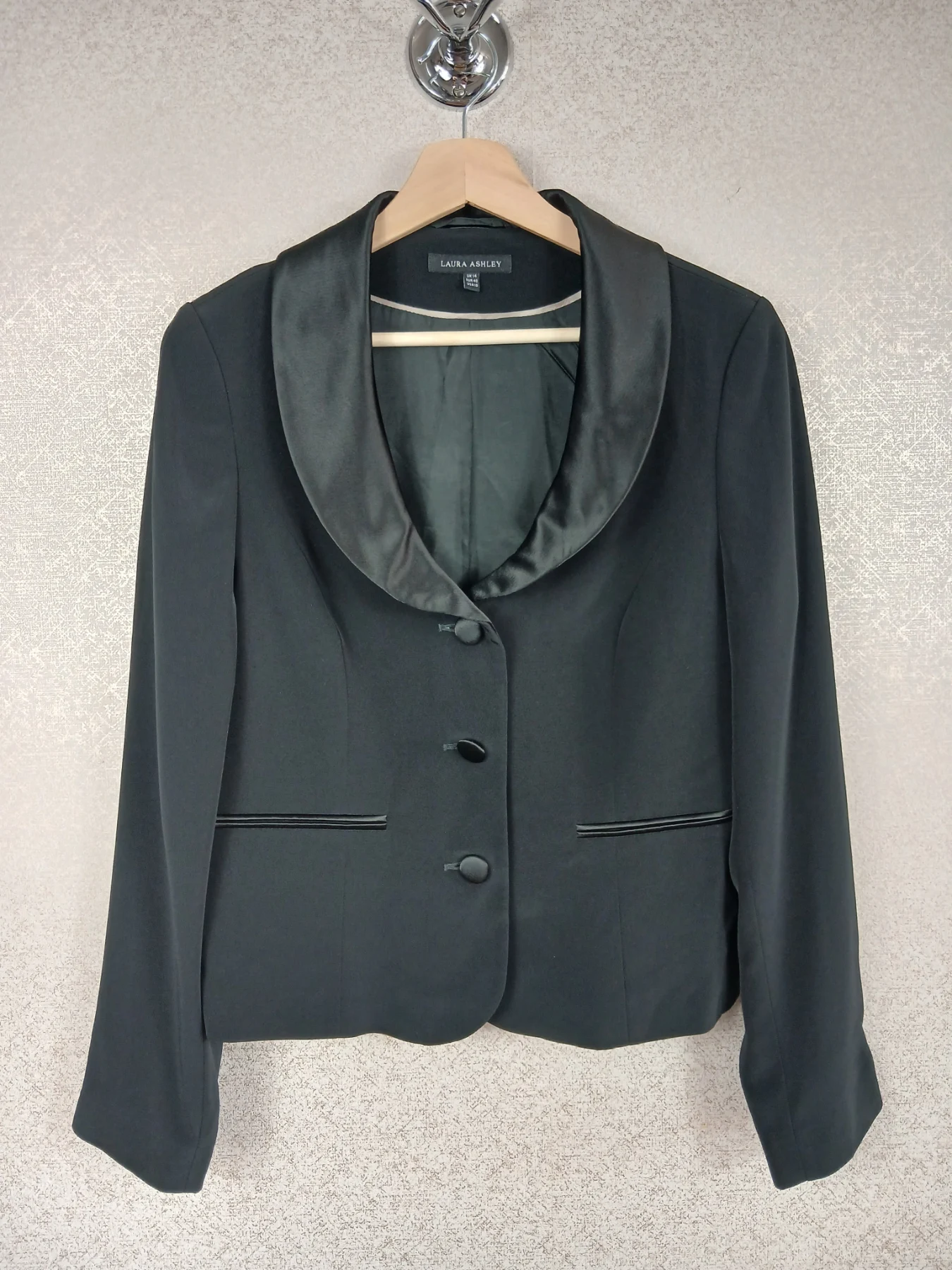 Laura Ashley Vintage Black Tuxedo Jacket Blazer Satin Shawl Collar Evening UK 14