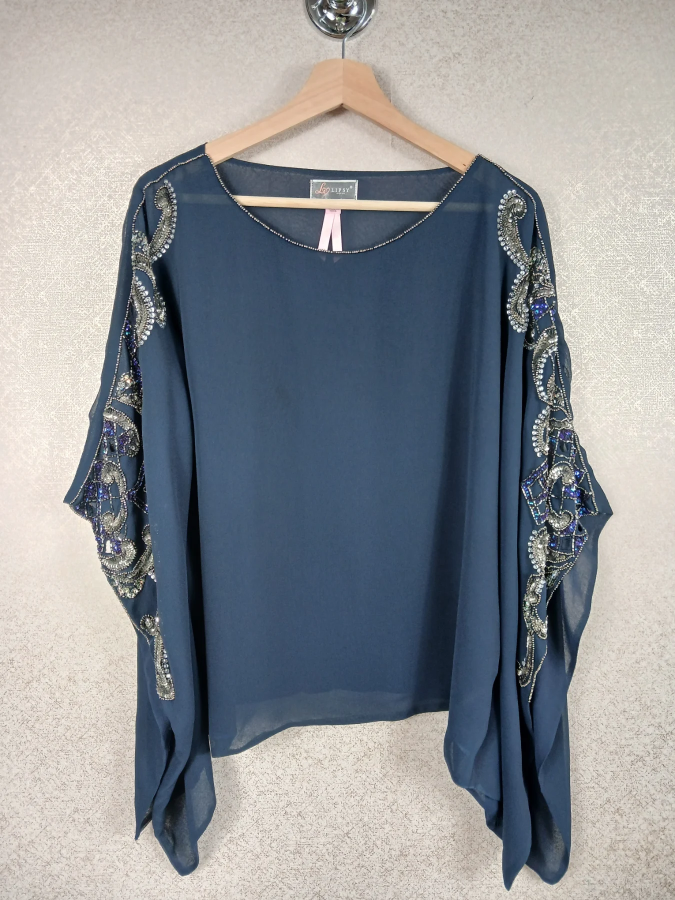 Lipsy London Navy Chiffon Kaftan Top Blouse Beaded Sequin Embellished Party 14