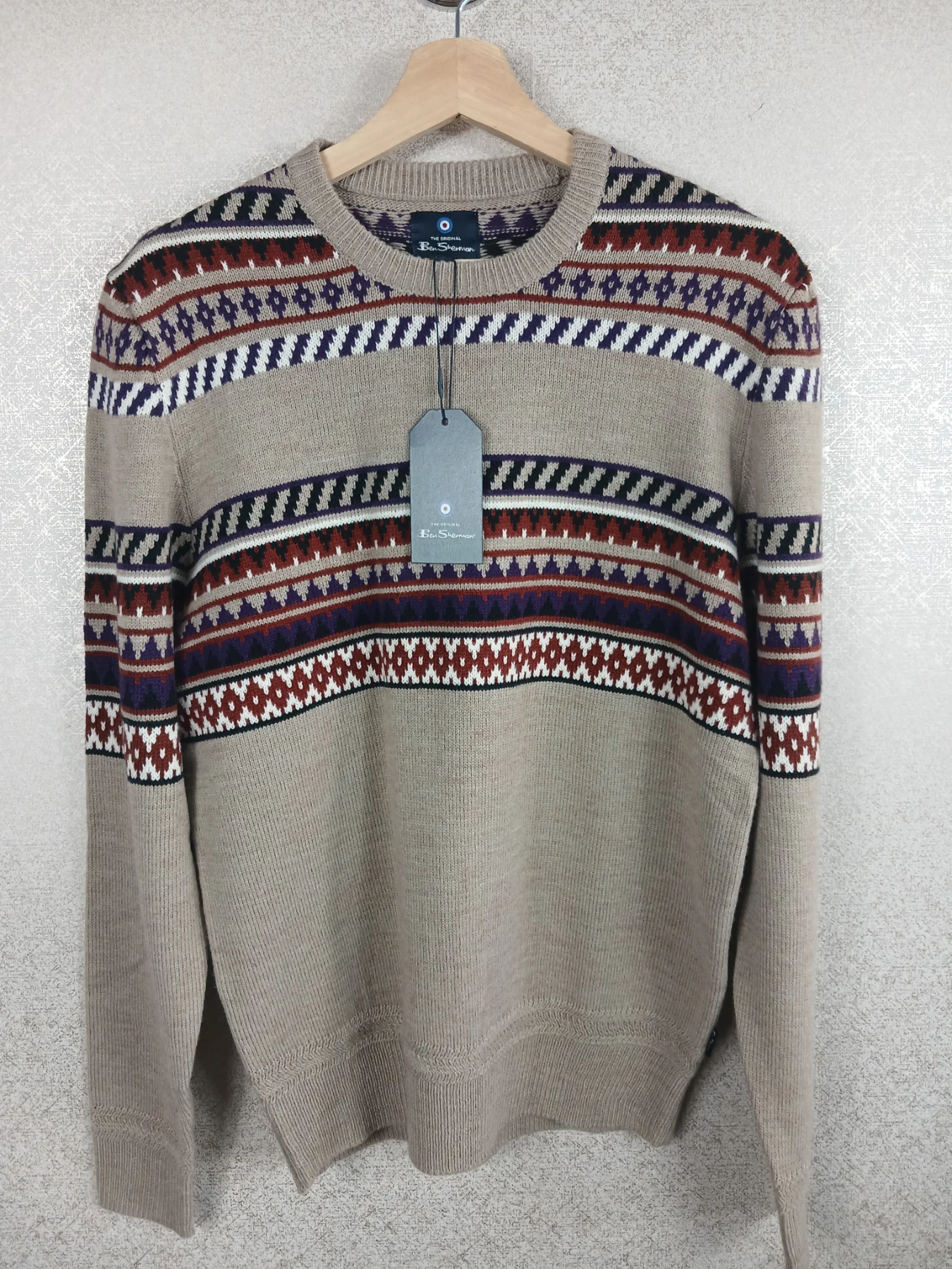 Ben Sherman Mens Tan Fairisle Knit Jumper Wool Blend Crew Neck Patterned M New