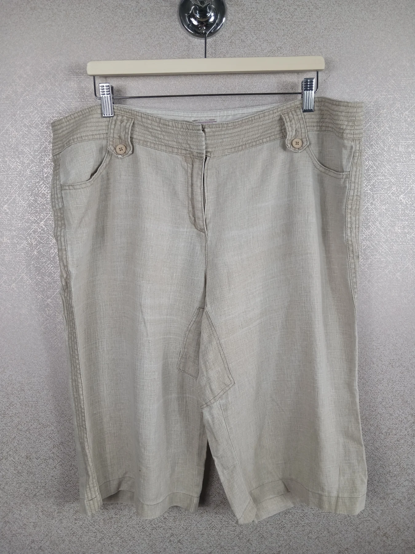 Monsoon Womens Crop Linen Trousers 18 Beige Cream Wide Leg Summer Capri Pants