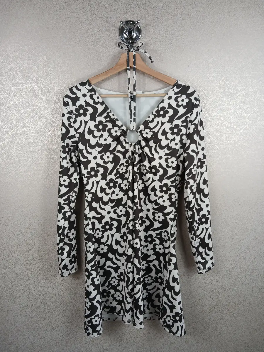 H&M Brown Floral Psychedelic Mini Dress 60s 70s Y2k Longsleeve Large Retro