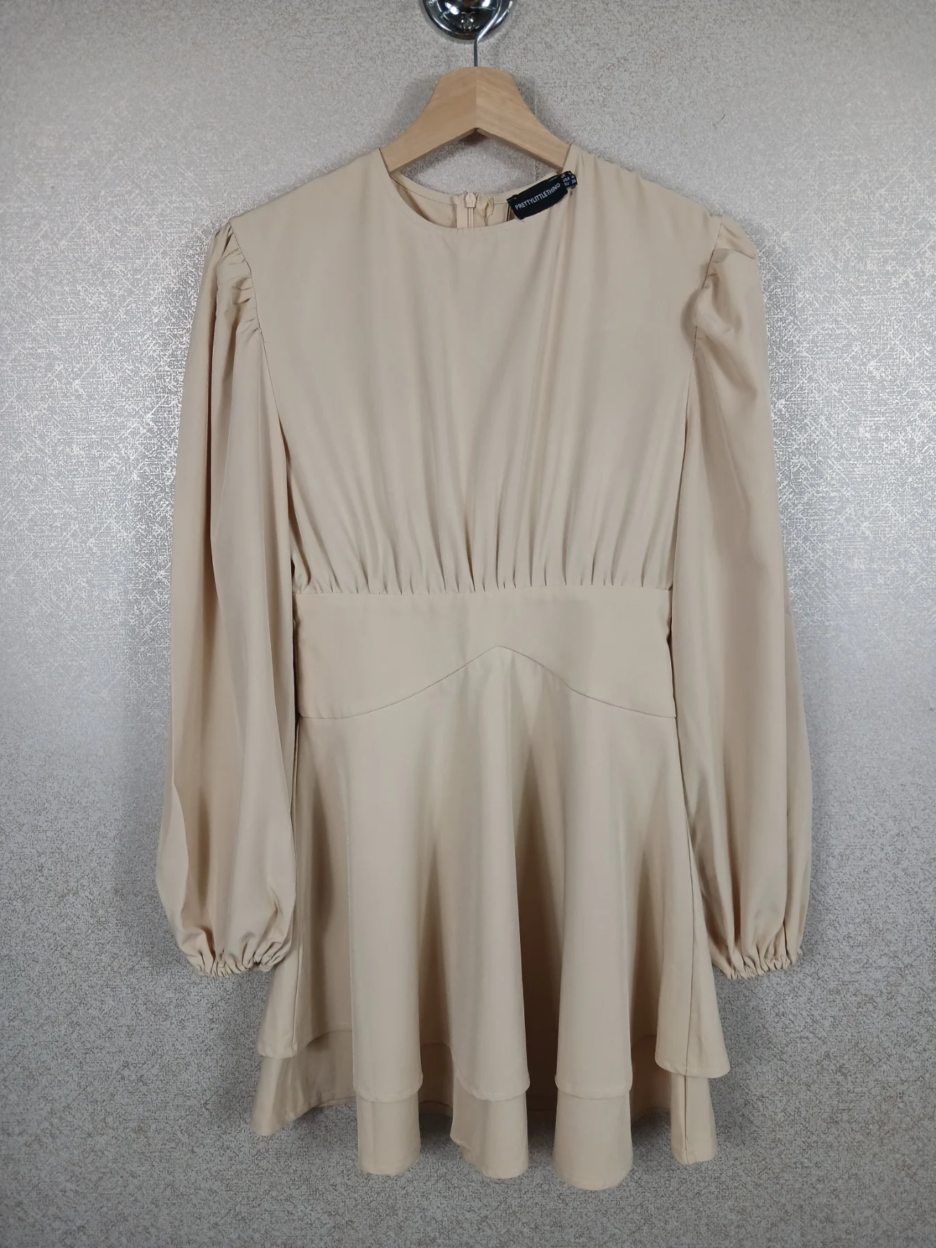 PrettyLittleThing Stone Woven Binding Waist Puff Sleeve Dress UK 8 Beige Nude