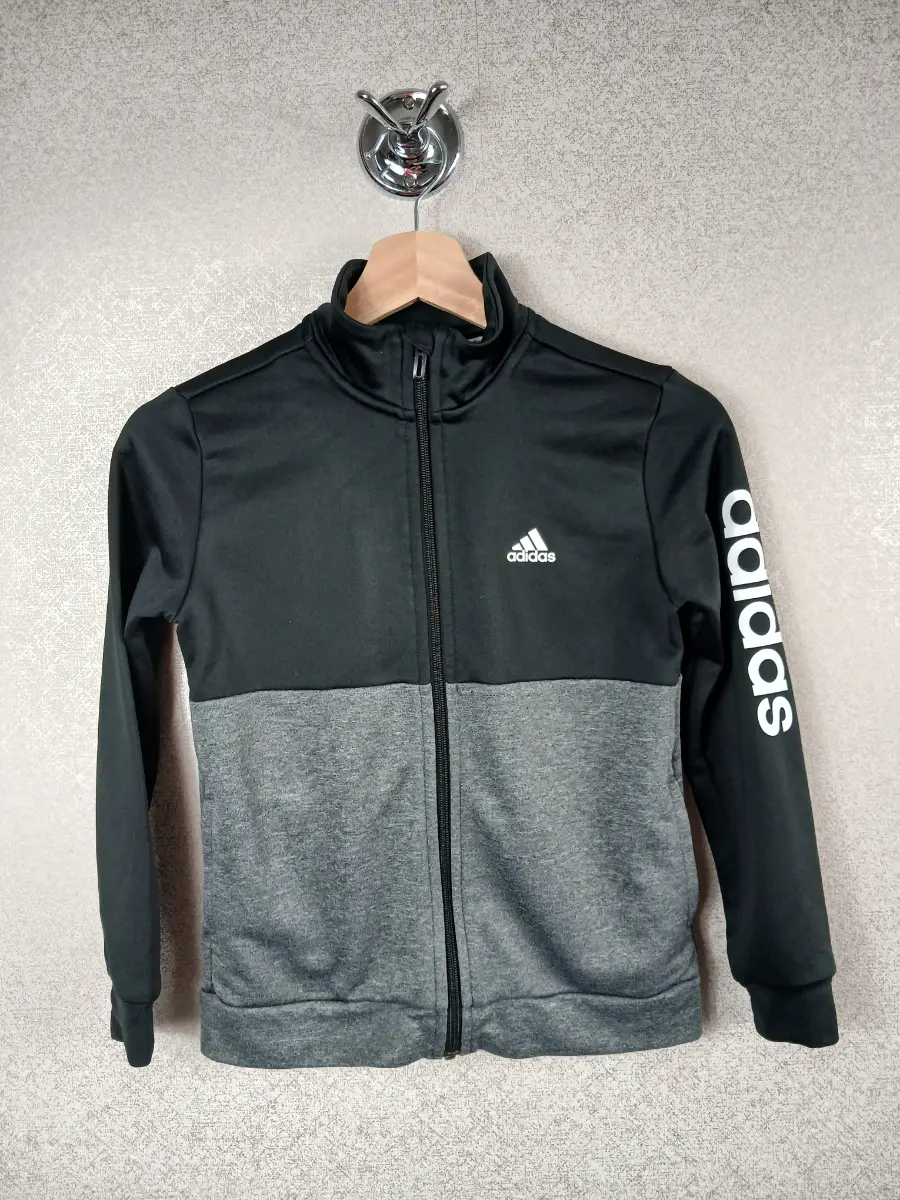 Adidas Boys Tracksuit Jacket Youth 9-10 Years Black Grey Colour Block Zip Top