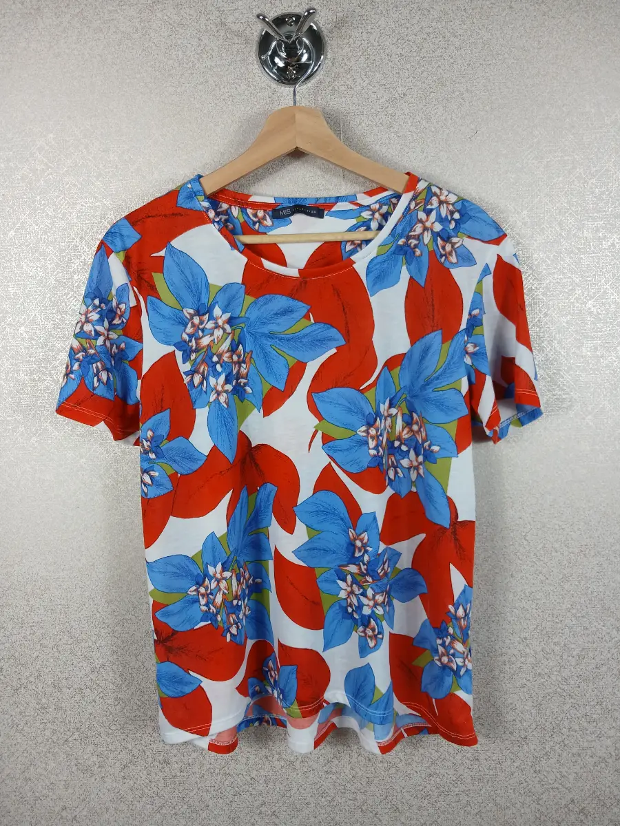 M&S Collection Womens Floral Top Size 14 Red Blue Short Sleeve Flower Tshirt Tee