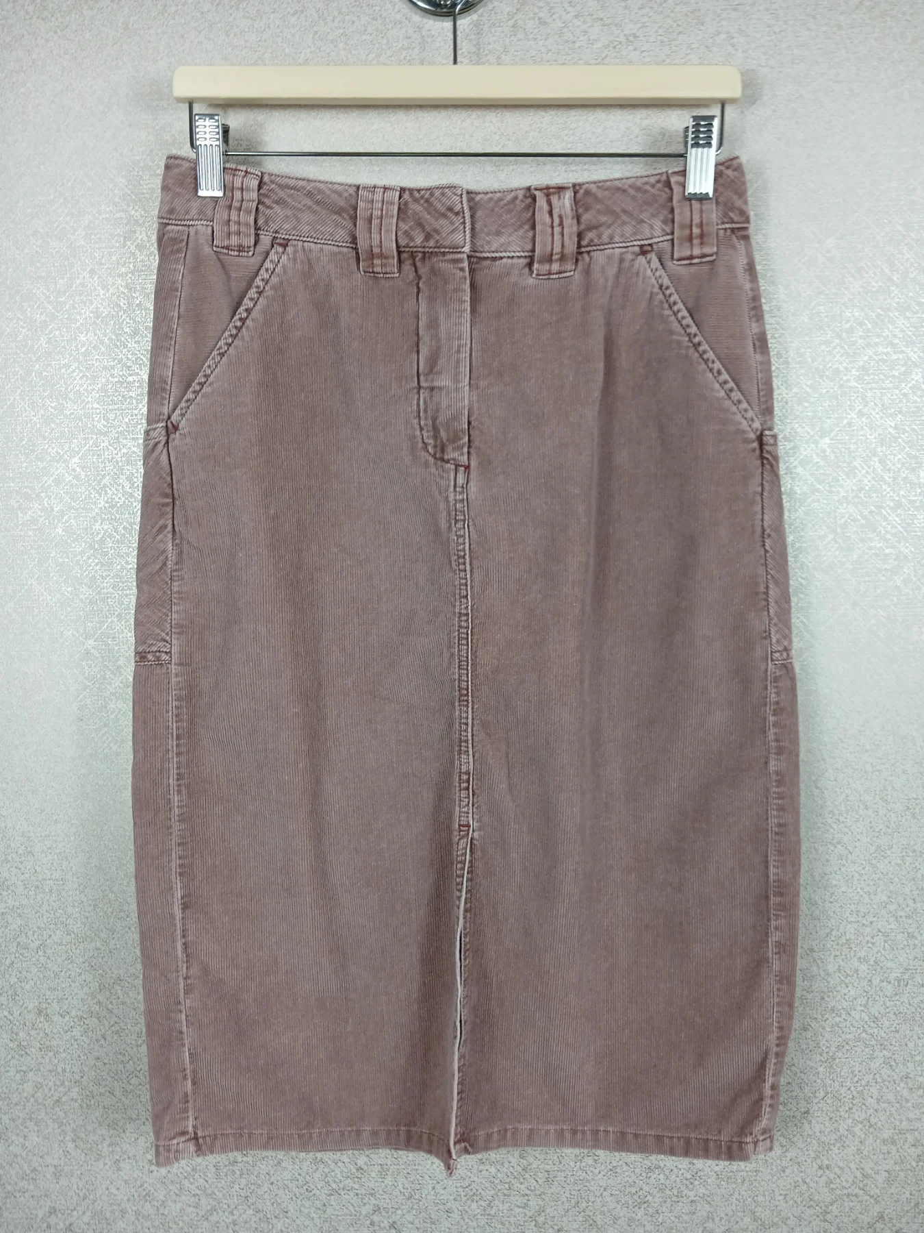M&S Per Una Dusty Pink Corduroy Skirt 12 Cotton Midi Vintage Straight Pencil VGC