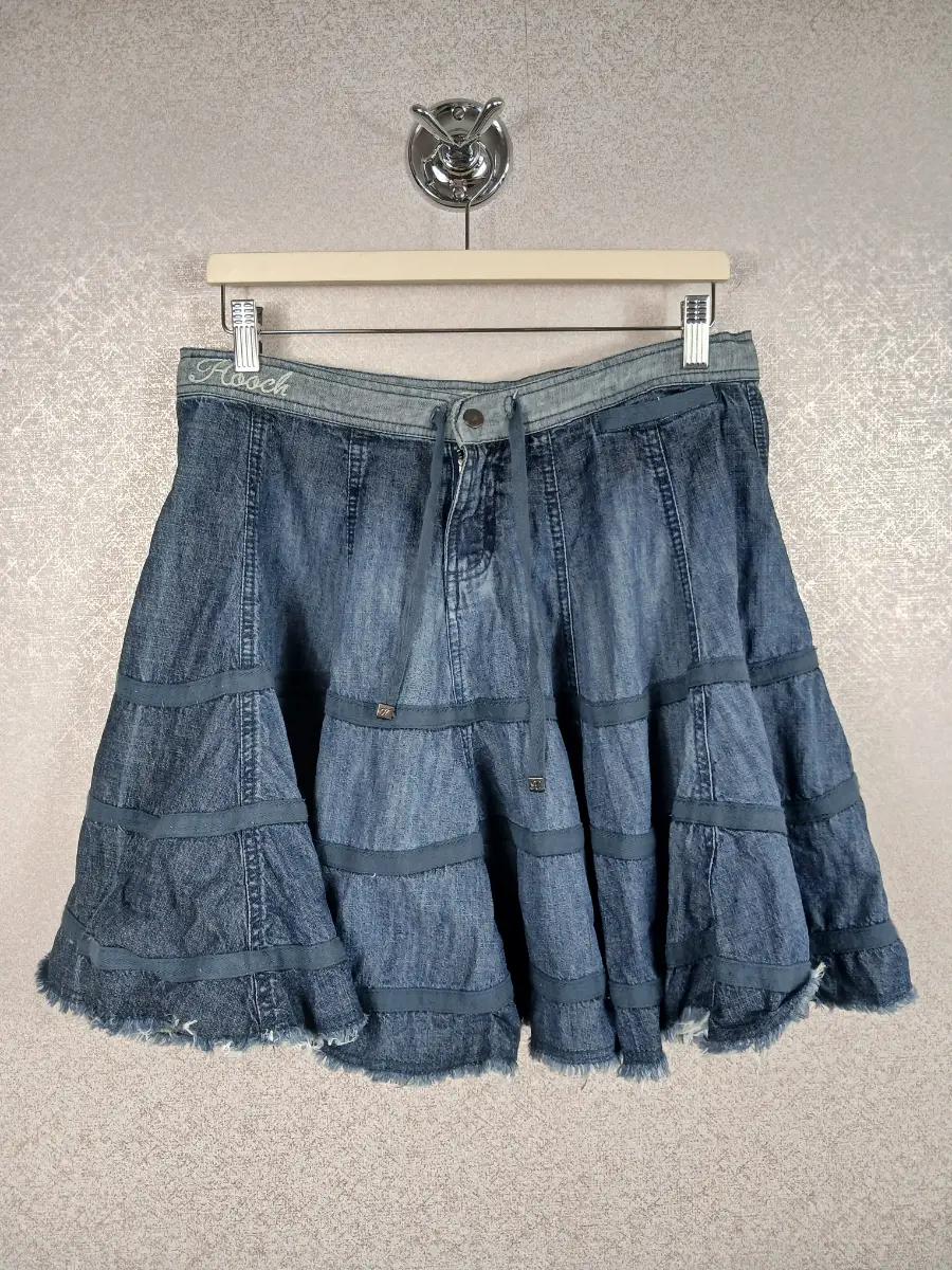 Hooch Y2K Vintage Tiered Ruffle Denim Flared Mini Skirt With Drawstring Size 12