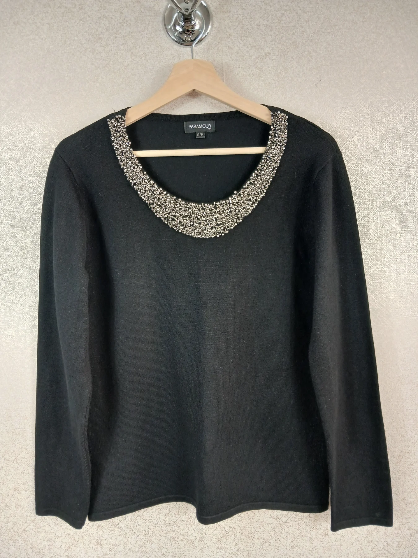 Paramour Black Beaded Jumper S/M Embellished Collar Viscose Knit Winter Sweater