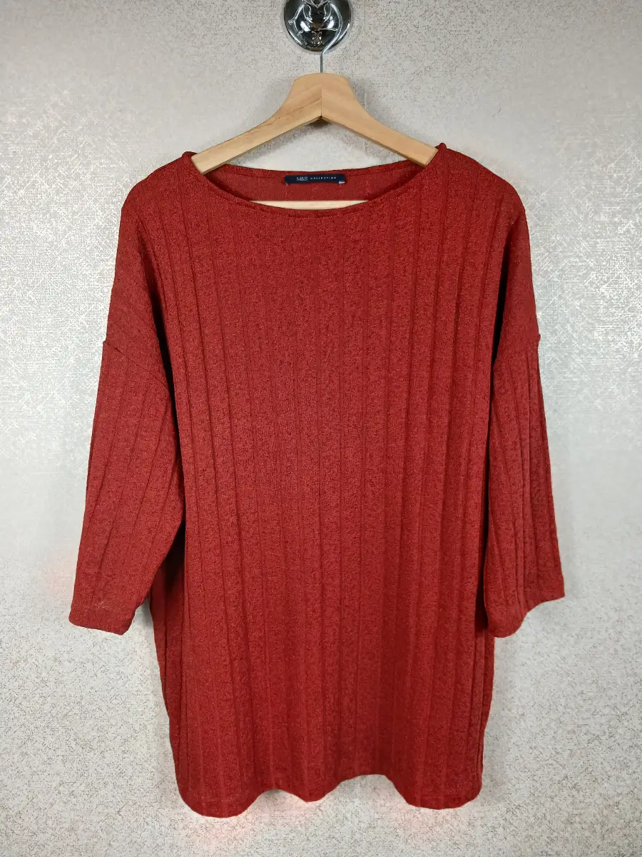 M&S Collection Red Boat Neck Top  UK 12 Ribbed Knit Half Sleeve Blouse Tshirt
