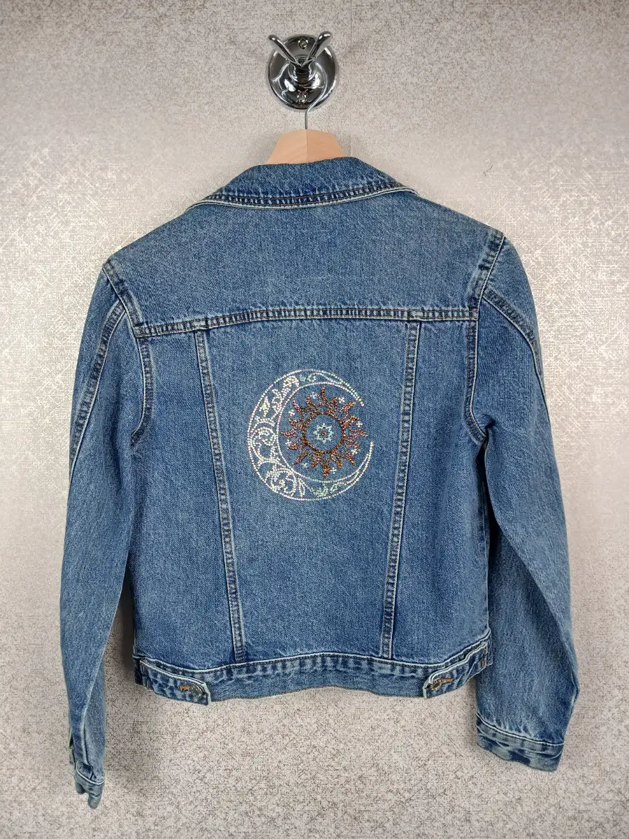 Custom Rhinestoned Sun Crescent Moon Cottagecore Reworked Boho Denim Jacket UK 6