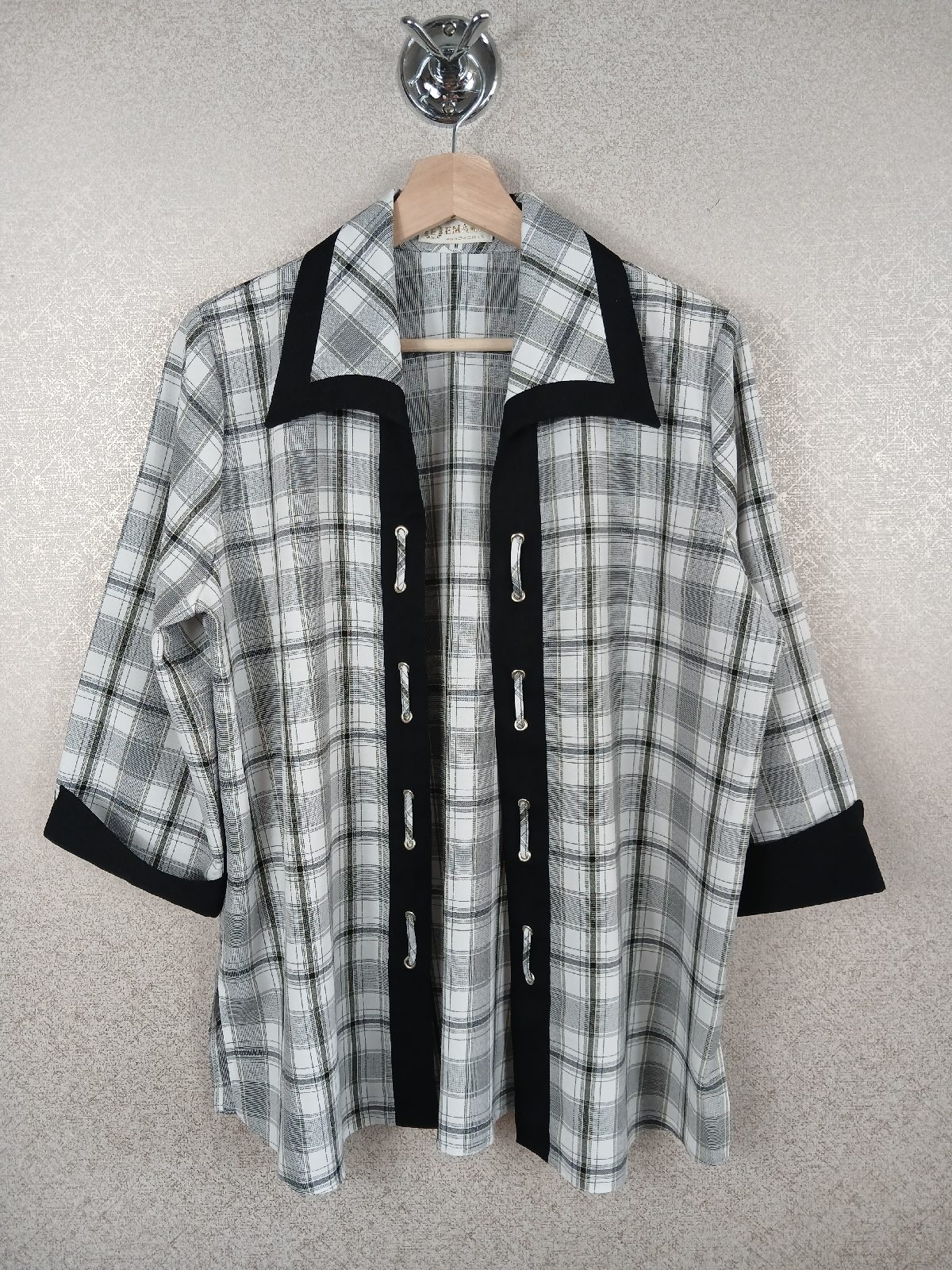 Emark Vintage Cardigan Blouse M Grey Plaid Check 3/4 Sleeve Lapel Ribbon Open