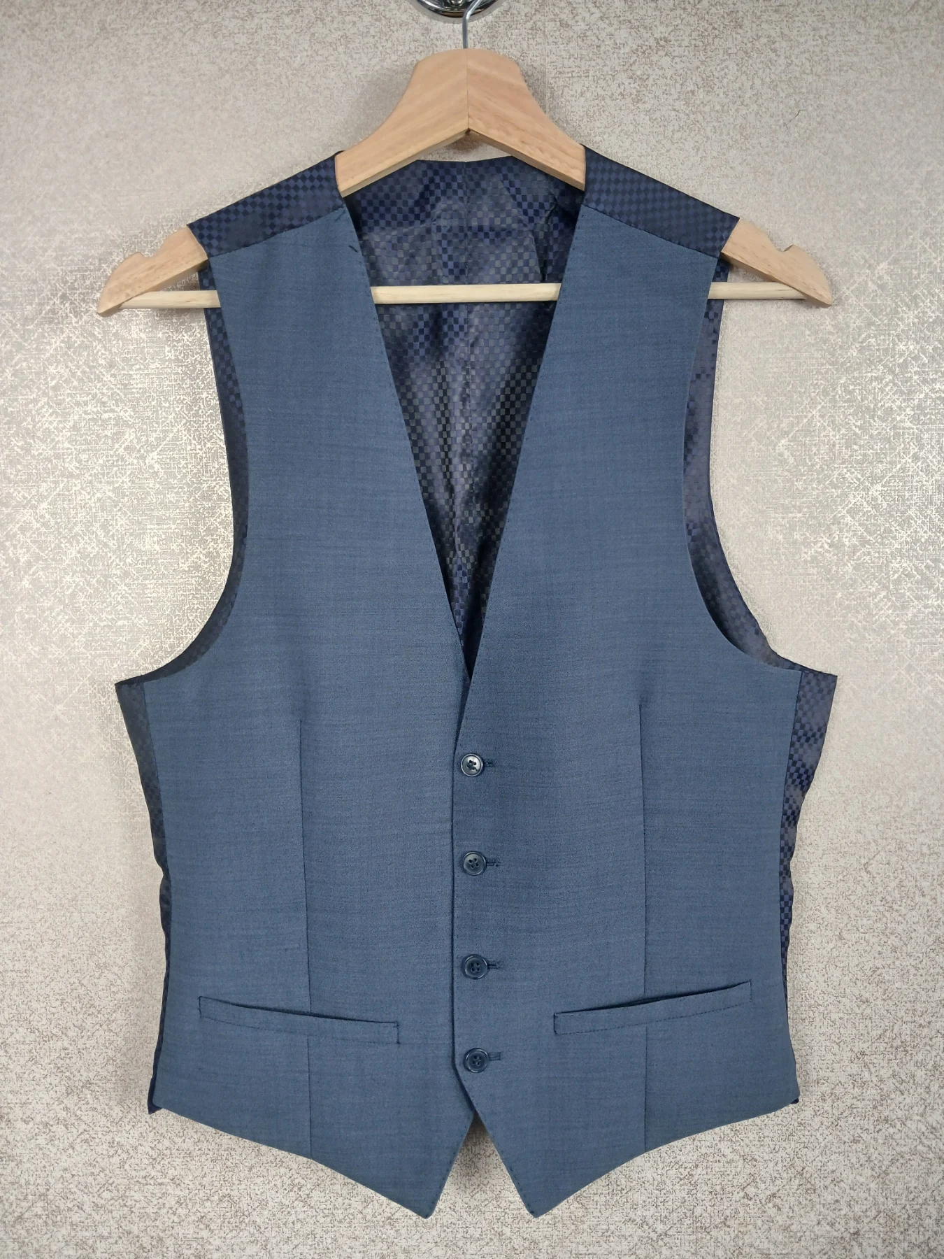 Lambretta Mens Suit Waistcoat 38s Blue Textured Formal Mod Wedding Vest Gilet S