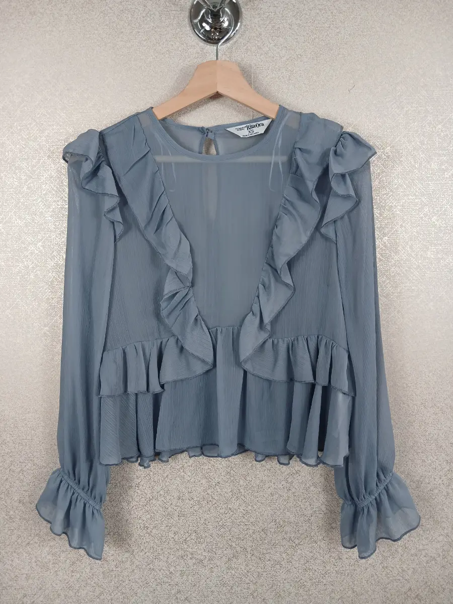 Rita Ora Primark Blue Chiffon Ruffle Blouse Top Sheer Frill Festival XS VGC