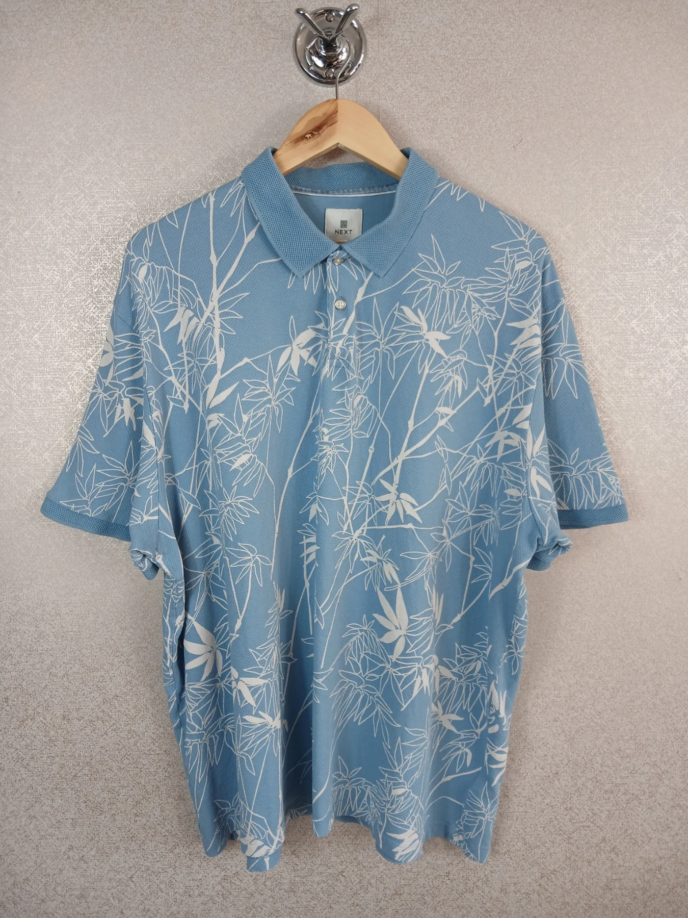 Next Men's Polo Shirt 2XL Blue White Bamboo Tropical Leaf Floral Regular Fit VGC